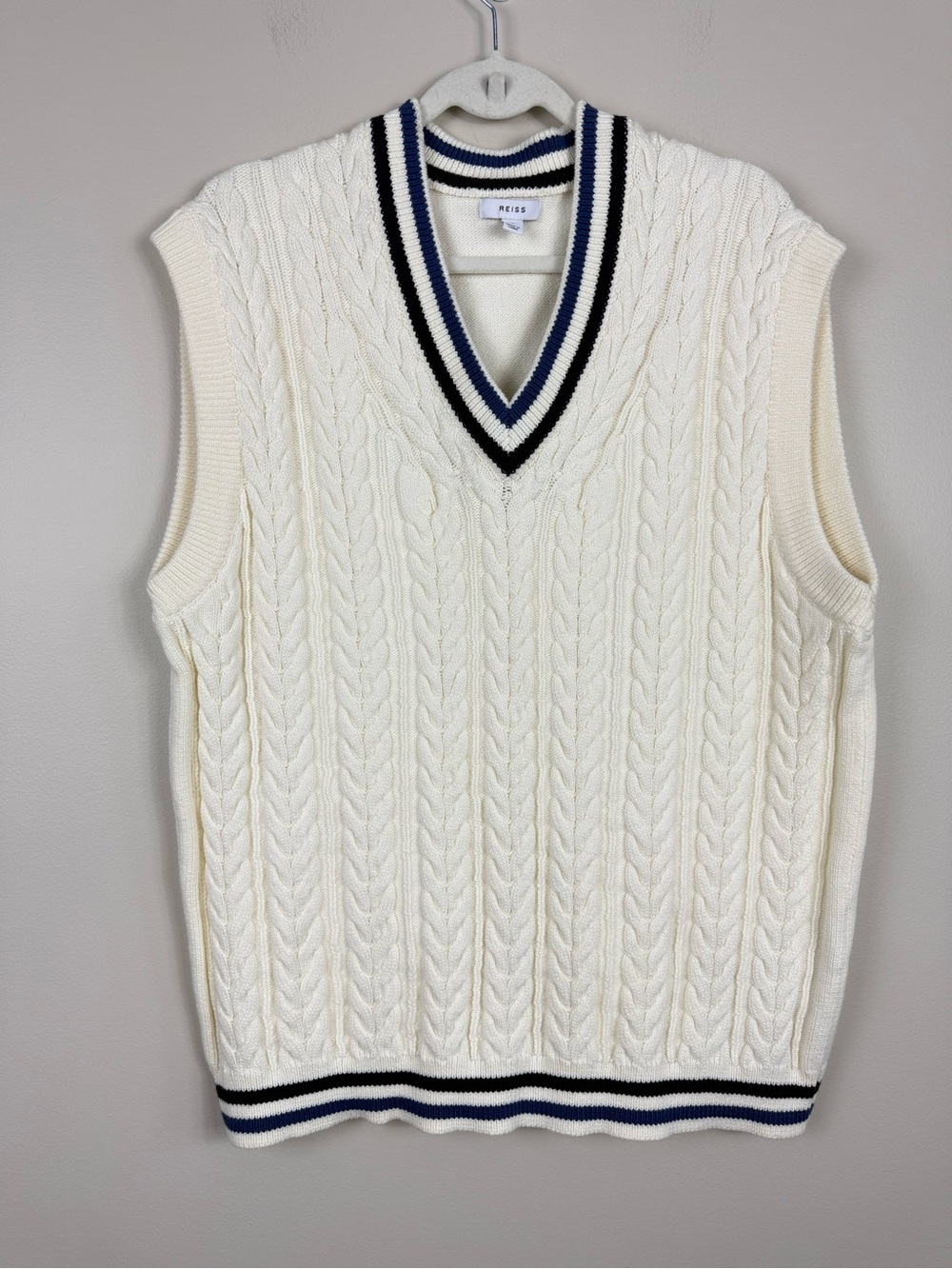 Reiss Knit Sweater Vest Mens Large WhIte Black Blue Preppy Nautical Cotton